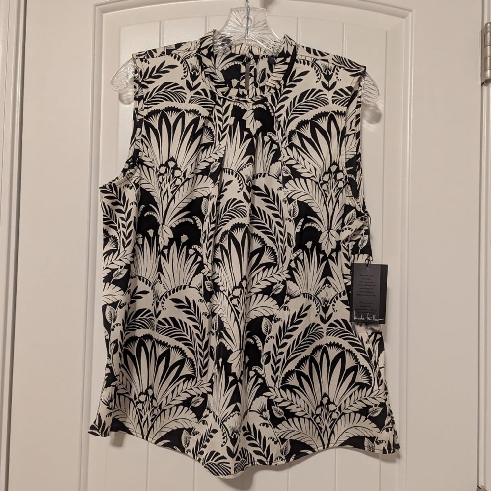 Nicole Miller Black & White Sleeveless Blouse w/Mandarin Collar   Women’s L NWT
